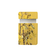 A small, rectangular yellow vegan leather pouch with a flap cover holds the Vintage Botanical Kowhai Pocket Mirror. It features yellow kowhai flowers and brown stems illustrated on the front, displayed against a white background.