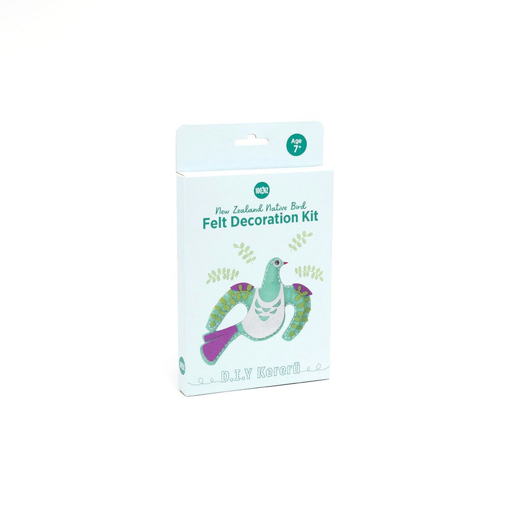 A rectangular box labeled Kereru Felt DIY Kit, featuring an illustrated bird and leaves. Designed for ages 7+, this creative kit makes a heartfelt gift, with D.I.Y Kereru written at the bottom.
