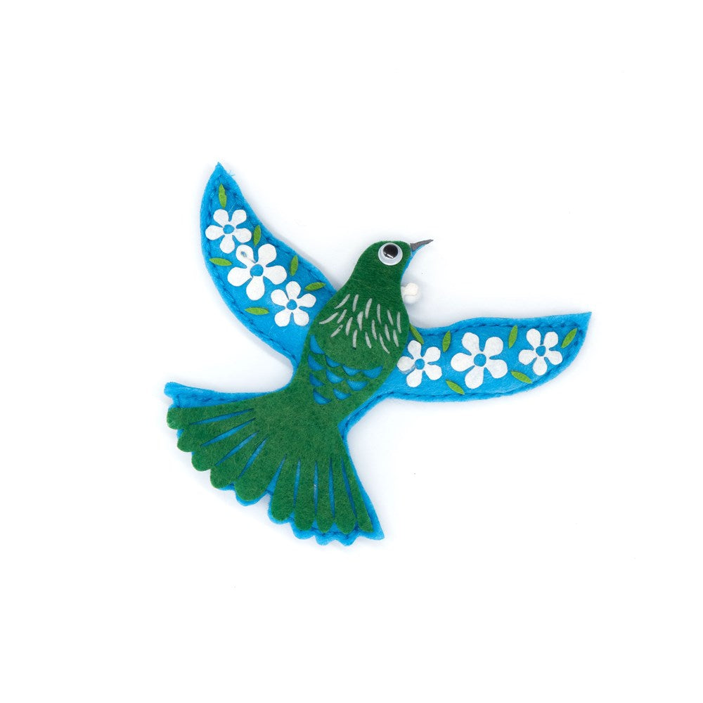 The Tui Felt DIY Kit features a blue and green bird brooch decorated with white flower wing patterns, a white bead eye, and a pearl bead by the beak—perfect for adding creativity to your crafting projects.