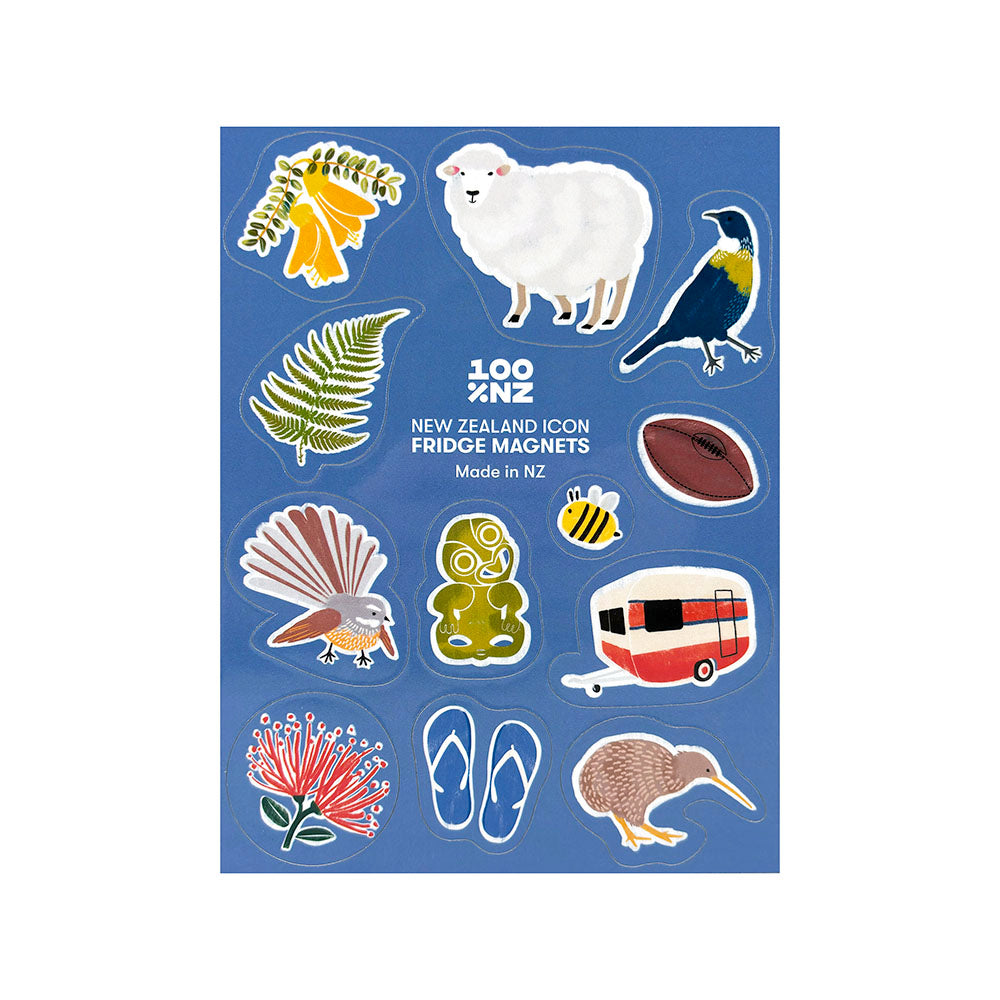 The NZ Icons Magnet Set features twelve New Zealand-themed fridge magnets—like a sheep, kiwi, fern, bee, rugby ball, caravan, sandals, kōwhai flower, tiki, tui bird, pōhutukawa flower, and fantail—ideal as a souvenir or gift.