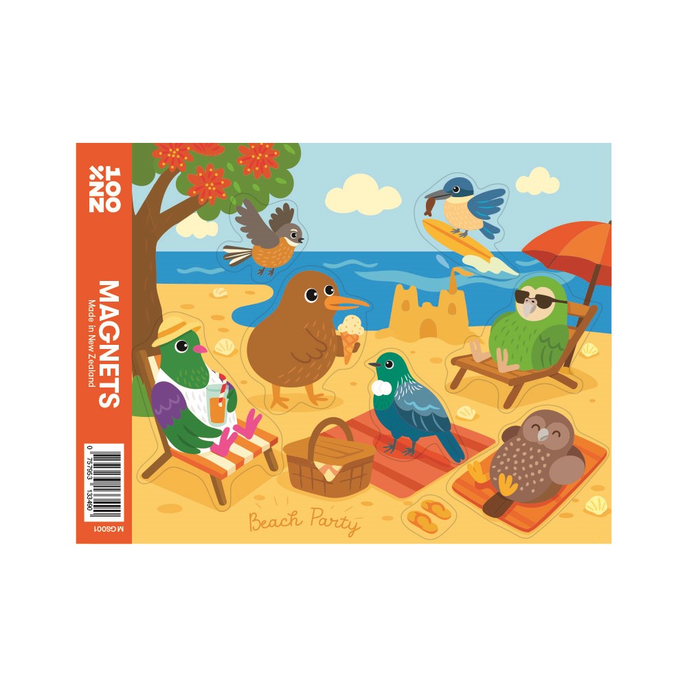 Illustration of six birds on beach chairs under a tree and umbrella, enjoying a seaside picnic with a sandcastle and basket. "Beach Party" label featured. The Beach Party Magnet Set is an ideal New Zealand souvenir or quality magnet set.