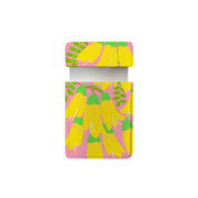 The Bright Botanical Kowhai Pocket Mirror features yellow and green flowers with pink accents on a pink background. Crafted from vegan leather, it has an open top flap and a light gray interior.