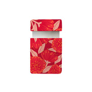 The Bright Botanical Red Pohutukawa Pocket Mirror features a rectangular box with a removable lid, adorned in a red floral pattern with yellow dots and light pink leaves, inspired by Vintage Bright Botanicals. Shown on a plain white background.