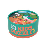 The Picnic Tweets Kids Puzzle is a round, teal and orange box labeled “100% NZ Kids Puzzle 100 Piece,” featuring colorful illustrations of native birds and foliage that celebrate New Zealand wildlife on the lid.