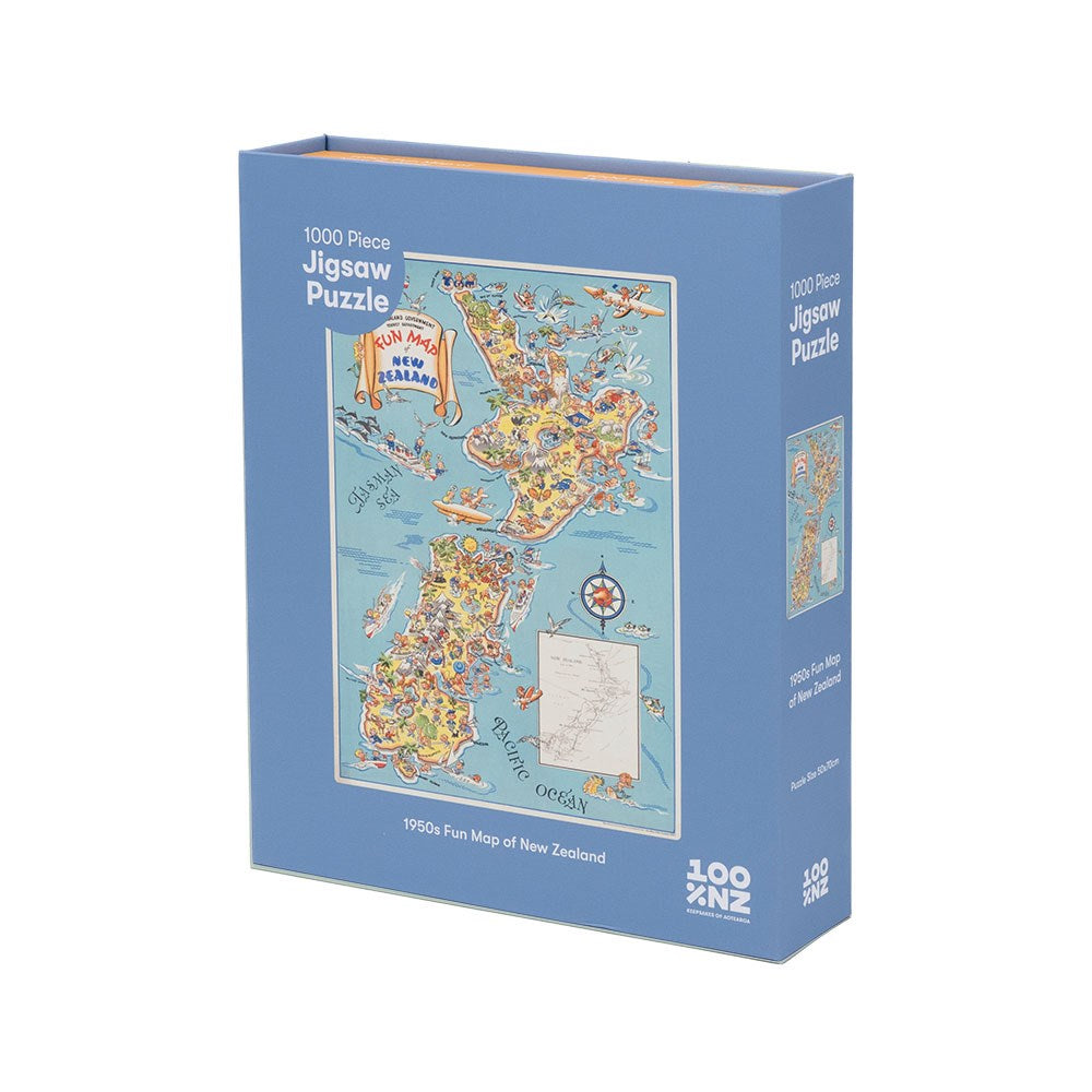 The 1950s Fun Map Jigsaw Puzzle comes in a blue box with 1000 pieces, featuring a colorful illustrated map of New Zealand from the 1950s. The front displays the map and the text: 1950s Fun Map of New Zealand.