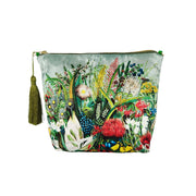 The NZ Native Flowers Velvet Cosmetic Bag features a green tassel and colorful botanical print on a light background. Designed in New Zealand, it’s a stylish, versatile accessory and makes an ideal gift for any occasion.