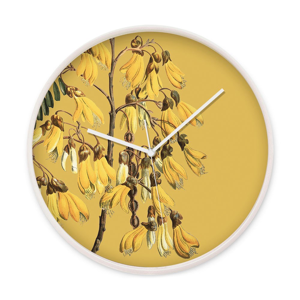 The Vintage Botanical Kowhai Wooden Frame Clock features a round wooden frame, yellow background, and illustrations of Native Kowhai flowers with green leaves, plus elegant white hour and minute hands.