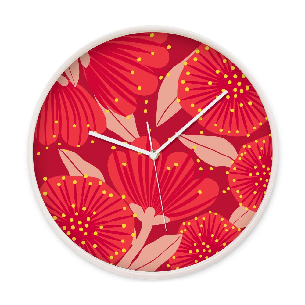 The Bright Botanical Red Pohutukawa Wooden Frame Clock features a red floral background with beige leaves and yellow dots. Part of the Bright Botanicals Collection, it offers silent movement for peaceful timekeeping.