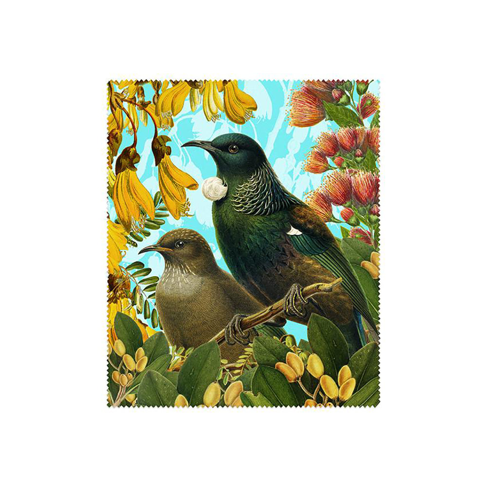 Two birds perch among yellow and red flowers with green leaves against a light blue sky, inspired by New Zealand Designs from our Botanical Collection. Featured on our Set of 3 Botanical Collection Lens Cloths.