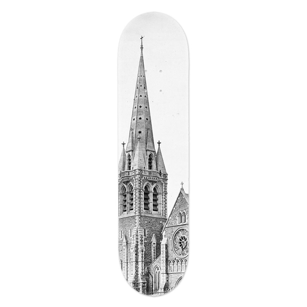 The Christchurch Cathedral Skateboard Deck features a black and white illustration of the iconic cathedral’s gothic steeple and rose window, crafted from Canadian maple—ideal as a striking piece of contemporary art.