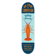 The NZ Seafood Crayfish Skateboard Deck is made from Canadian maple and features a vintage tin sign graphic of an orange crayfish on light blue, with bold orange and blue text: “New Zealand Crayfish,” “Super Meaty,” and “Hot from the pot.”.
