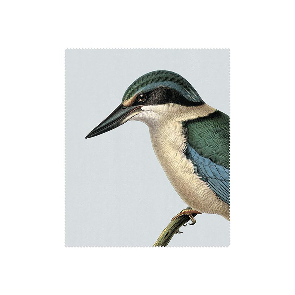Set of 3 Hushed Collection Lens Cloths featuring a New Zealand bird with a green head, black eye stripe, white throat, blue and green wings, and beige underparts perched on a branch against a plain light background.