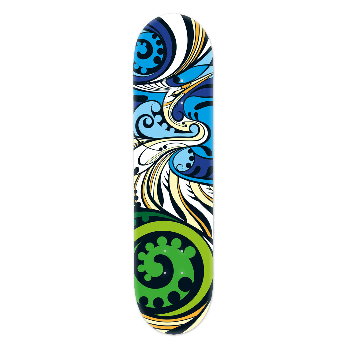 The Shane Hansen - Kotuku Skateboard Deck features a colorful abstract design with swirling blue, green, black, and white patterns on premium Canadian maple—a true piece of contemporary art.