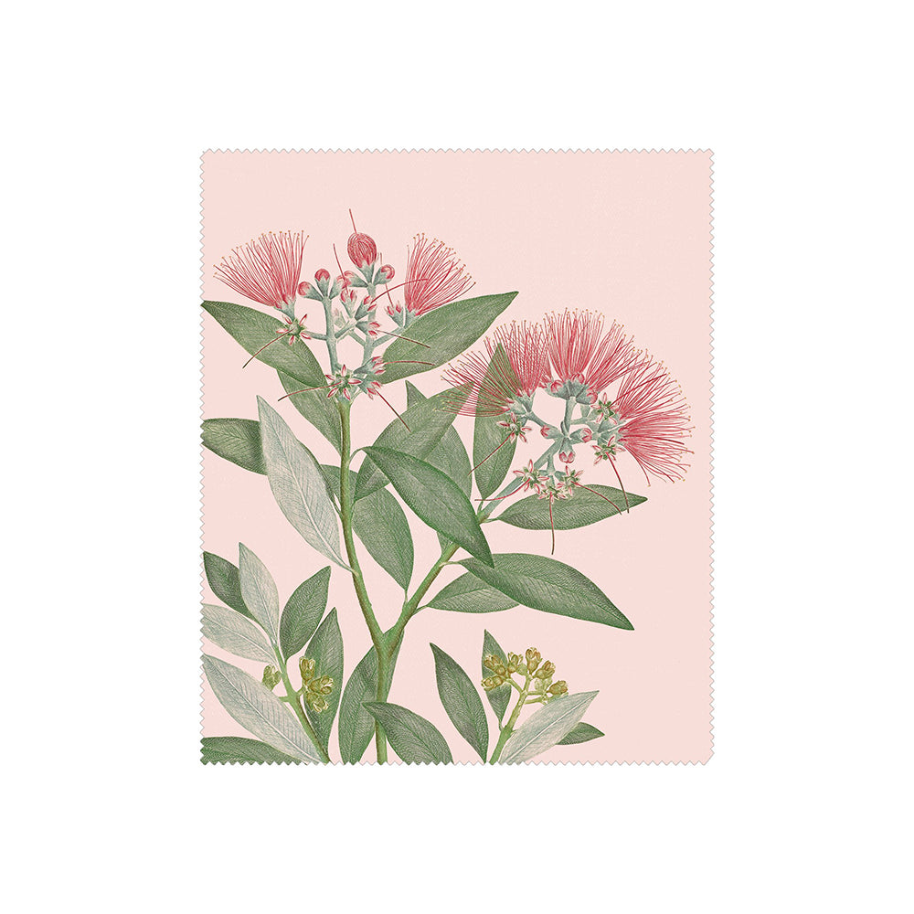 Set of 3 Vintage Botanical Collection Lens Cloths featuring green leafy stems, pink spiky flower clusters, and small round buds on a pale pink, scalloped background—perfect for a New Zealand-inspired gift.