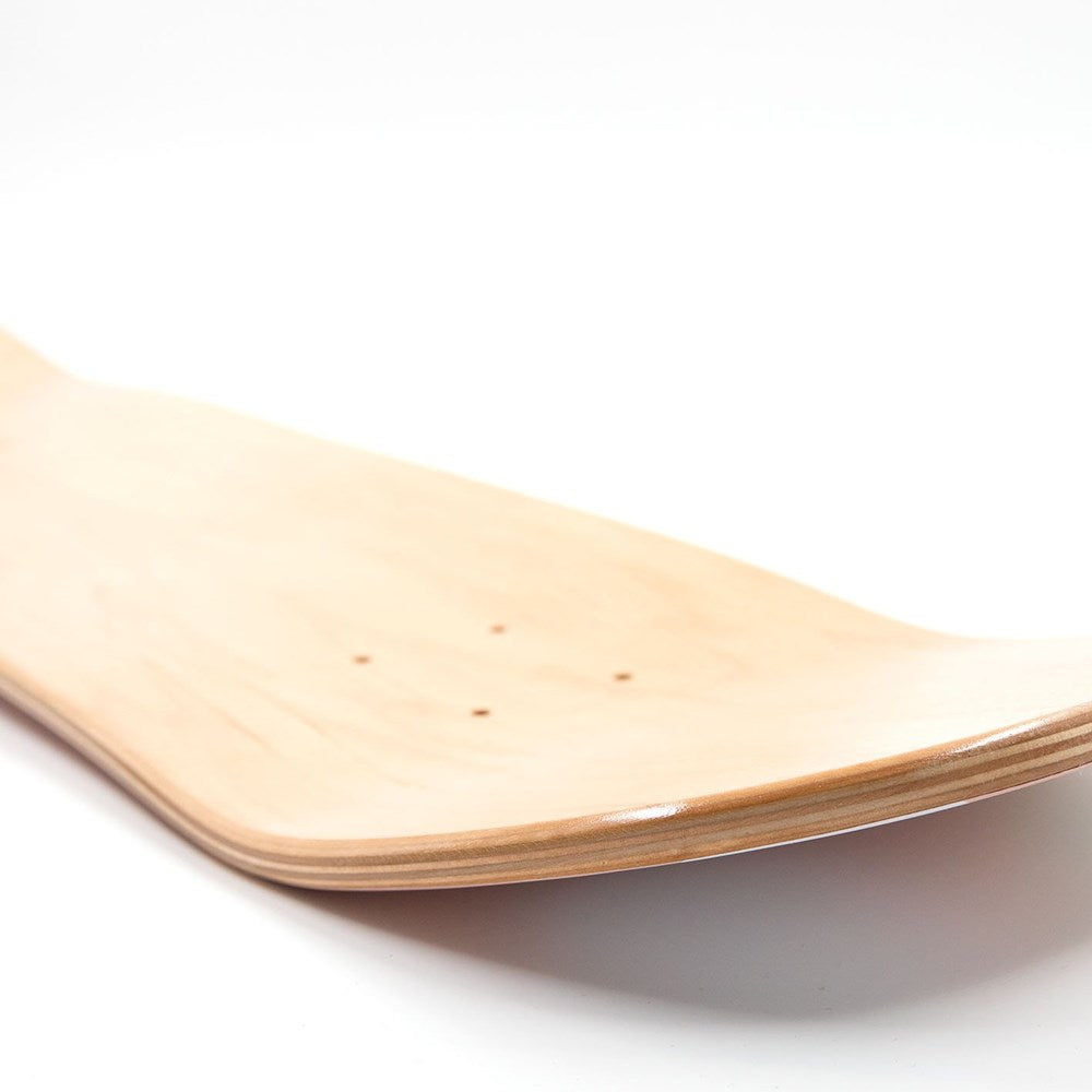 Close-up of the Vintage Flowers Skateboard Deck - Second, highlighting its smooth, light-colored Canadian maple surface, curved edge, and small drilled holes on an unfinished deck against a white background.