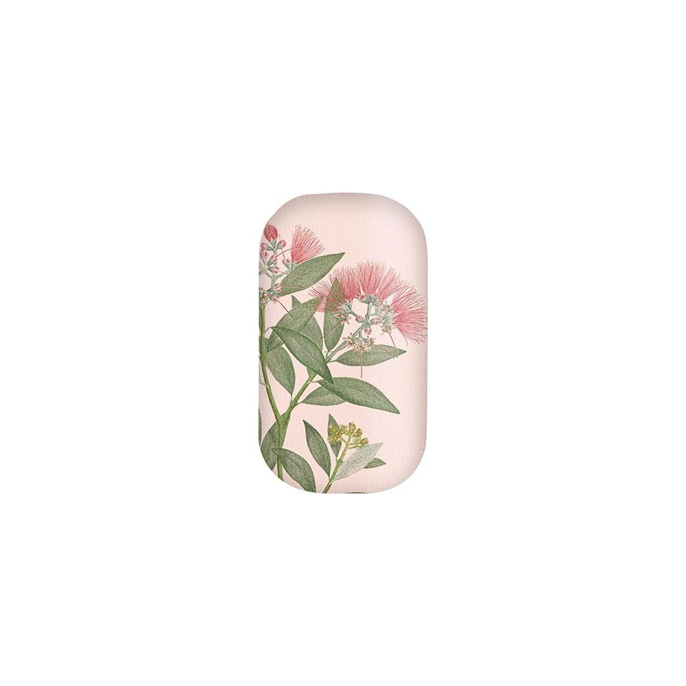 A pink oval trinket box featuring green leaves and pink pohutukawa flowers with spiky petals on a white background, showcasing its unique New Zealand design. Product name: Vintage Botanical Pohutukawa Trinket Box.