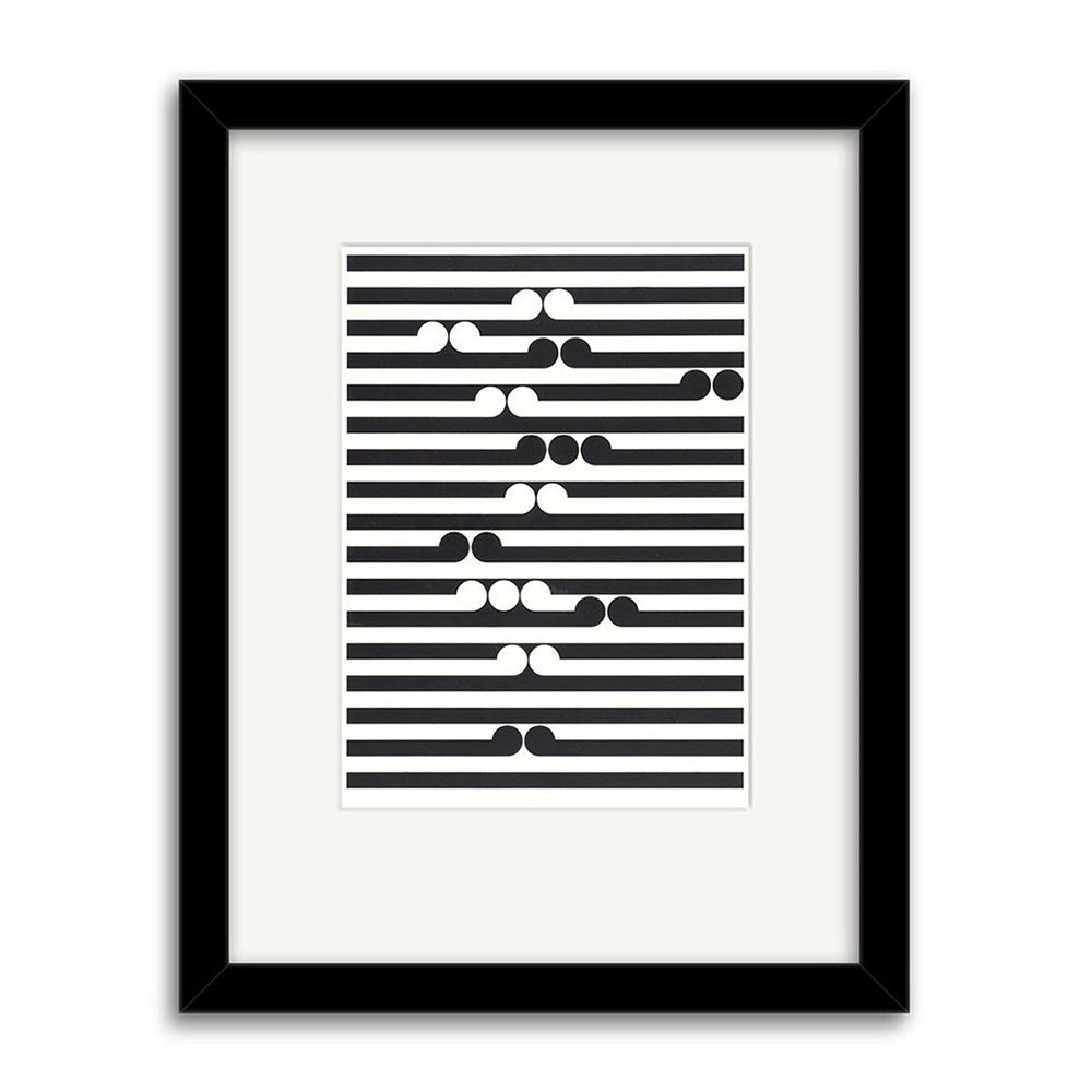 The Gordon Walters - Tama Small Art Print: Second Frame features evenly spaced black horizontal lines with clusters of black and white circles and semicircles on a crisp white background, echoing the style of famed New Zealand artist Gordon Walters.