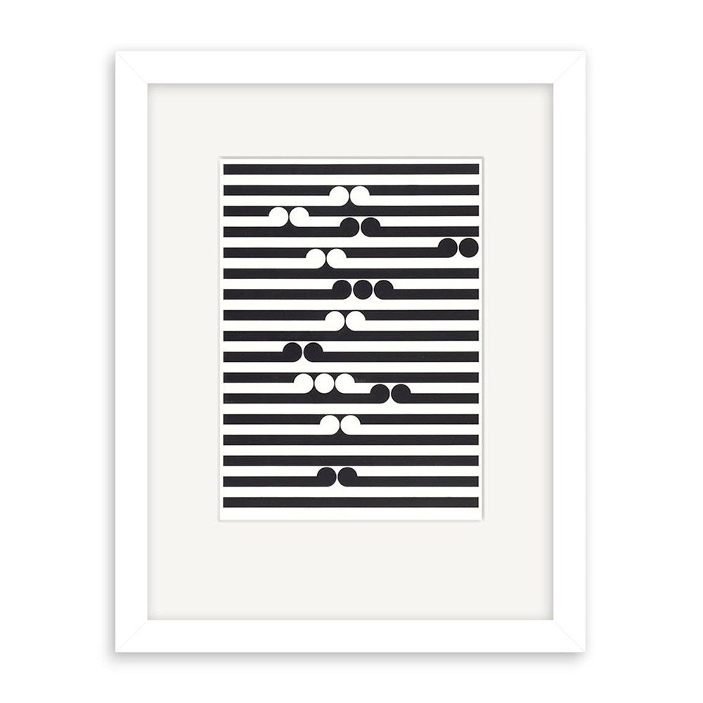 The Gordon Walters - Tama Small Art Print: Second Frame features evenly spaced horizontal black stripes, abstract black and white shapes along the center, and comes in a white frame with a wide mat.