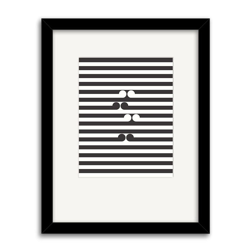 The Gordon Walters - Untitled-No.1 Small Art Print: Second Frame features framed horizontal black and white stripes with three pairs of abstract mustache-like shapes, echoing the renowned New Zealand artists style.
