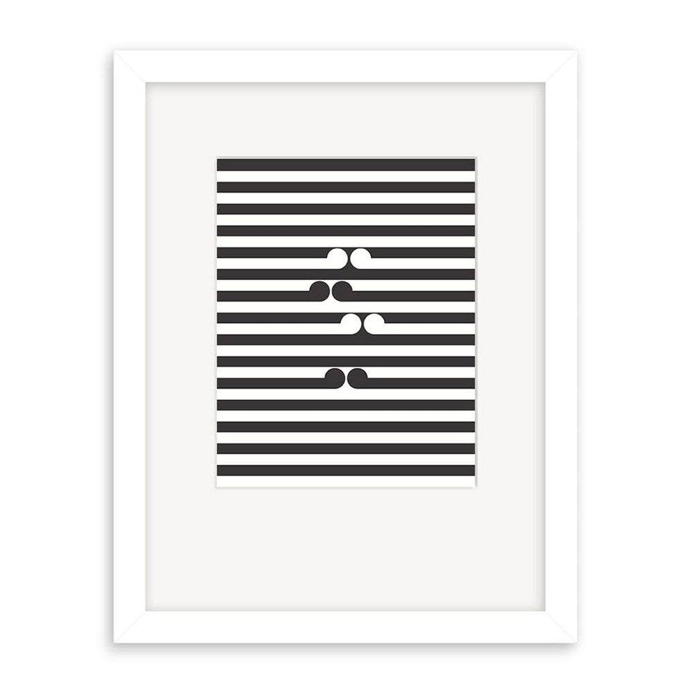 The Gordon Walters - Untitled-No.1 Small Art Print: Second Frame showcases horizontal black and white stripes with three stylized mustaches in alternating colors, inspired by limited edition prints from a renowned New Zealand artist.