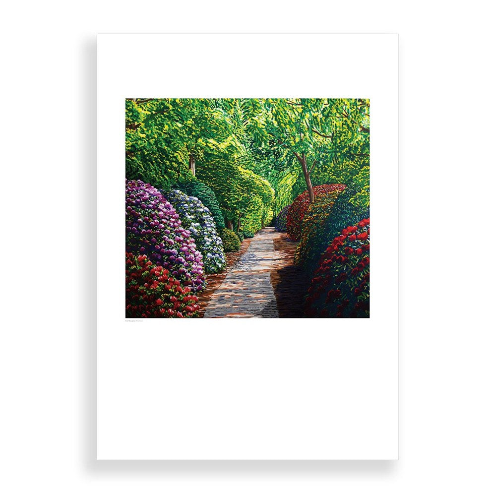A path of bricks winds through a garden bordered by bushes with red, purple, and white flowers beneath green trees—reminiscent of the lush scenery in the Karl Maughan - Riverhead A2 Print.
