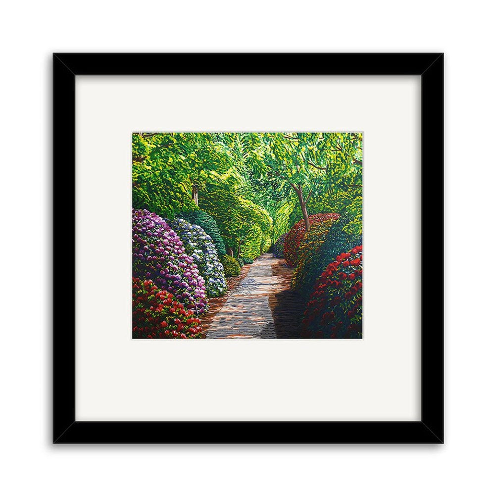 Karl Maughan Riverhead Small Art Print: Second Frame features a garden path with lush bushes and trees under a bright canopy. Limited edition print by renowned New Zealand artist Karl Maughan.