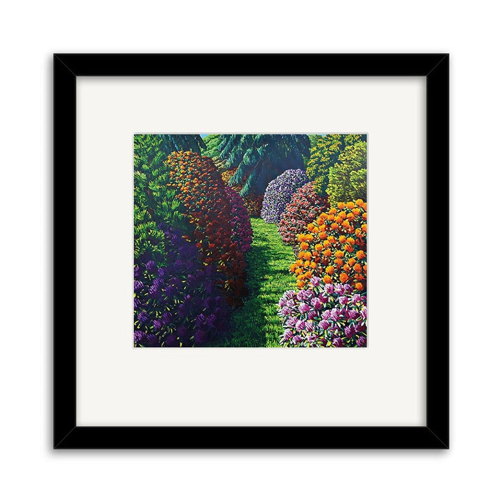 The Karl Maughan - Cross Hills Small Art Print: Second Frame features a vivid garden pathway lined with lush, colorful flowers and greenery, captured by renowned New Zealand artist Karl Maughan.