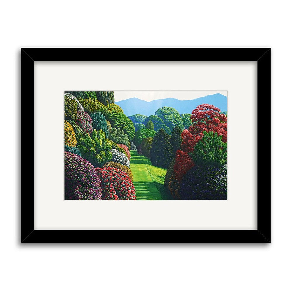 The Karl Maughan - Marchent Ridge Small Art Print: Second Frame is a limited edition featuring vibrant garden landscapes with colorful trees and shrubs, distant blue mountains, and comes centered within a white mat.