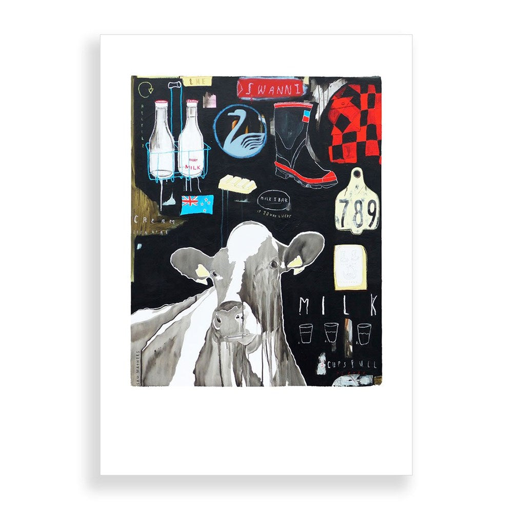 Sam Mathers’ "Get Milk" A2 print is a striking New Zealand art piece featuring a cow, milk bottles, swan, rain boots, checkered patterns, the number 789, and text on black paper with a white border.