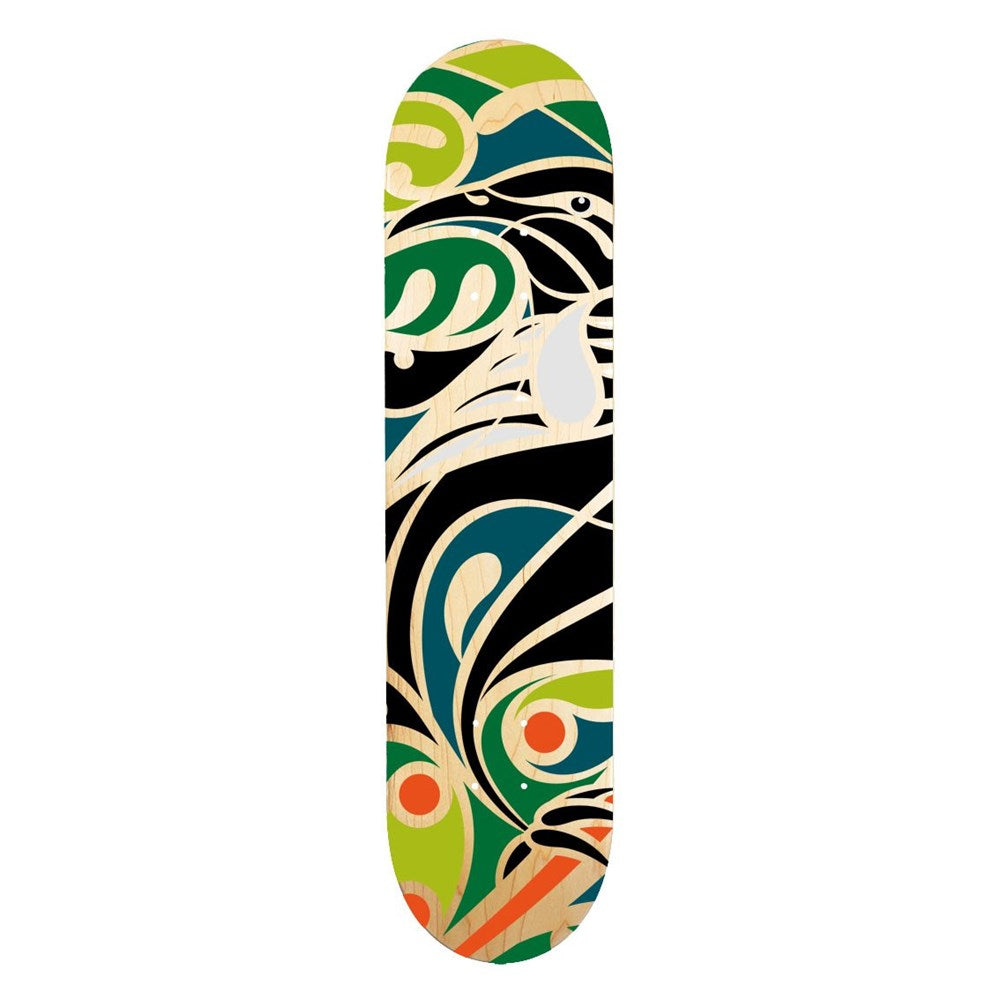 The Shane Hansen - Tui Skateboard Deck - Second is a Canadian maple deck featuring an abstract design in green, beige, orange, and black swirls that covers the entire surface for a striking contemporary look.