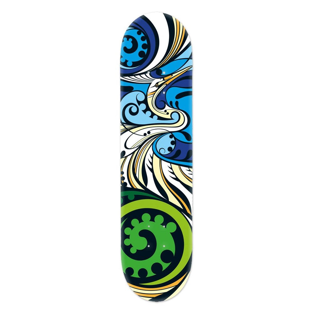 The Shane Hansen - Kotuku Skateboard Deck - Second features an abstract blue, green, black, and white design with spirals and waves on Canadian maple—ideal for striking wall art.