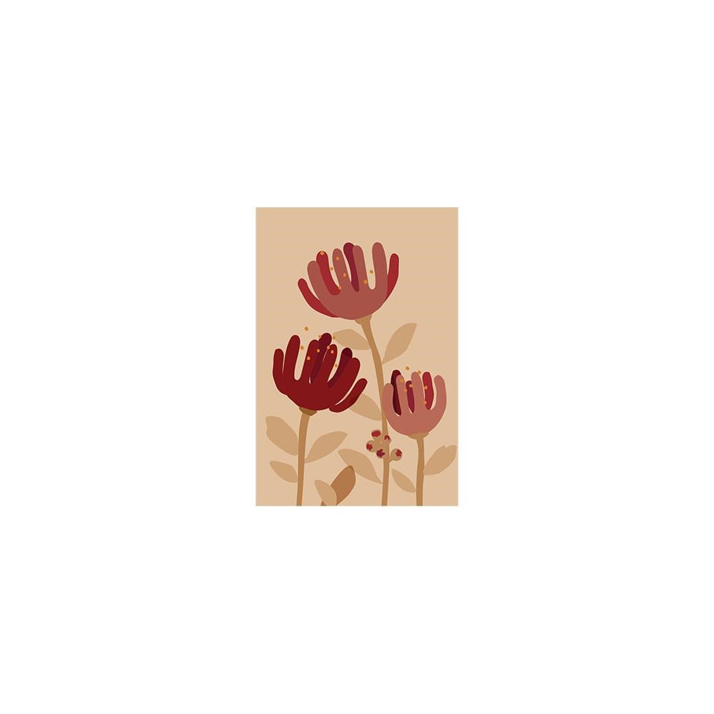 A minimalist illustration of three Pōhutukawa-inspired red flowers with brown stems on beige features on the Raw Pohutukawa Gift Card & Envelope (6 Pack)—a modern, abstract design perfect for stylish decor or gifting.