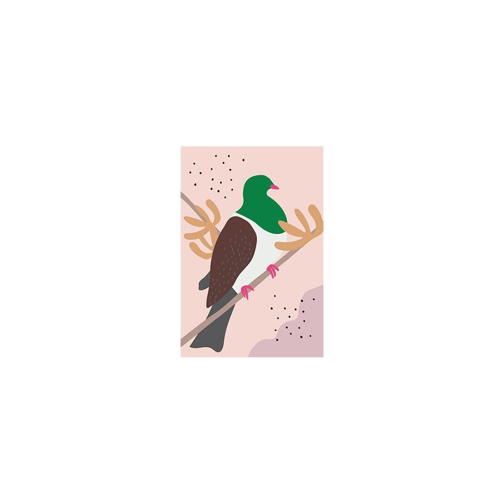 The Cut-out Kereru Gift Card & Envelope (6 Pack) features an illustration of a Kererū with green head, brown wings, and white body, perched on a branch against a light pink background with abstract shapes—ideal for gifting.