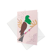 The Cut-out Kereru Gift Card & Envelope (6 Pack) features a stylized New Zealand Kererū with a green head and brown wings on a branch—includes white envelopes, perfect for unique gift cards.