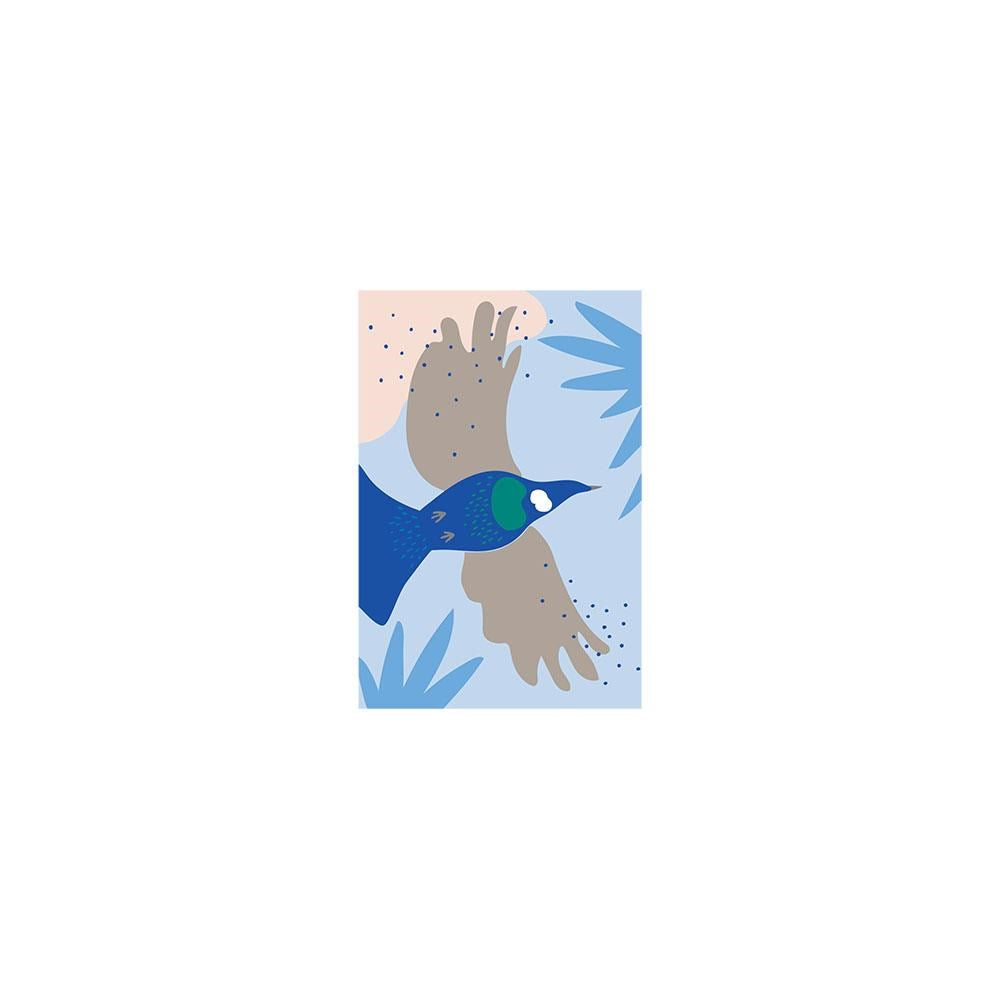 An abstract Tūī in flight features brown wings, a blue body, and a green head on a light blue and beige background with blue leaves—ideal for New Zealand-themed gifting. Available as Cut-out Tui Gift Card & Envelope (6 Pack).