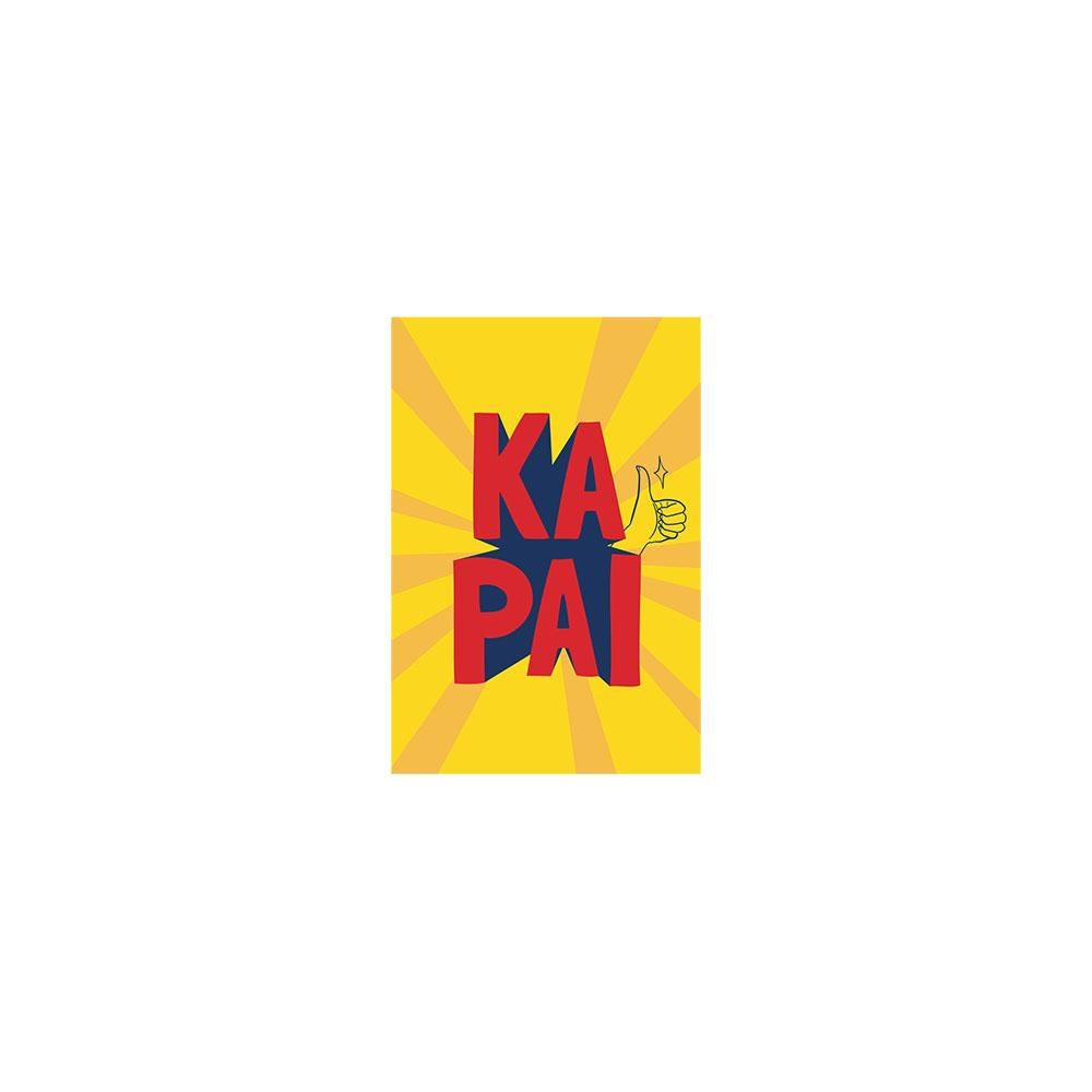 The Te Reo Ka Pai Gift Card & Envelope (6 Pack) features KA PAI in bold red and blue on a yellow background with radiating lines and a thumbs-up hand—ideal for gifting or adding a personalised New Zealand touch.