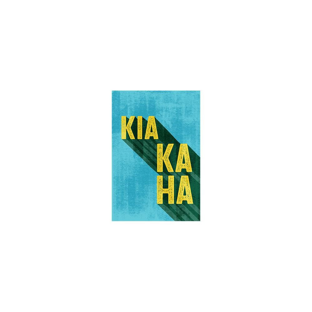 The Te Reo Kia Kaha Gift Card & Envelope (6 Pack) features a blue background with yellow “KIA KAHA” text in two columns, inspired by New Zealand Te Reo, and a green shadow cast to the right.