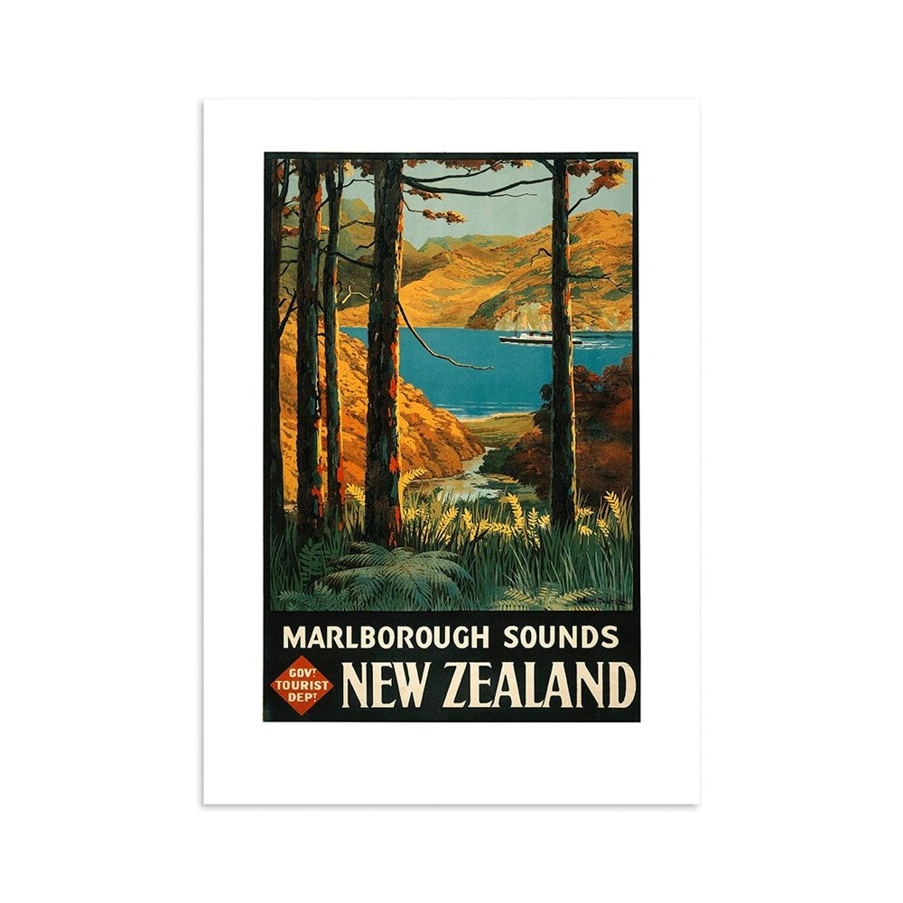 The Marlborough Sounds Tourist Print is a vintage-style poster showing trees, water, and hills in scenic Marlborough Sounds, New Zealand. Ideal for collectors, it features the text: Marlborough Sounds, Govt Tourist Dept, New Zealand.