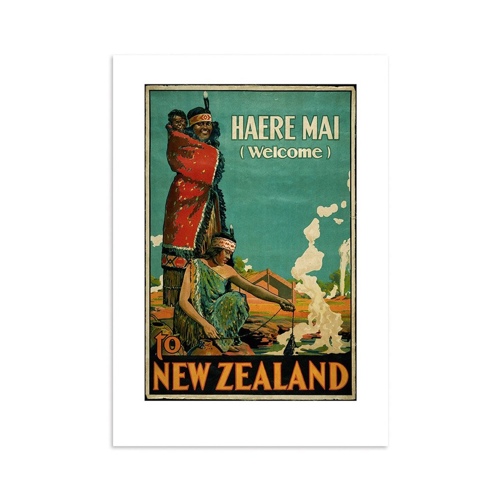 The Haere Mai Tourist Print features two Māori figures in traditional dress, one with a child and a welcoming gesture. The print reads “Haere Mai (Welcome) to New Zealand”—a perfect archival collectible for poster enthusiasts.
