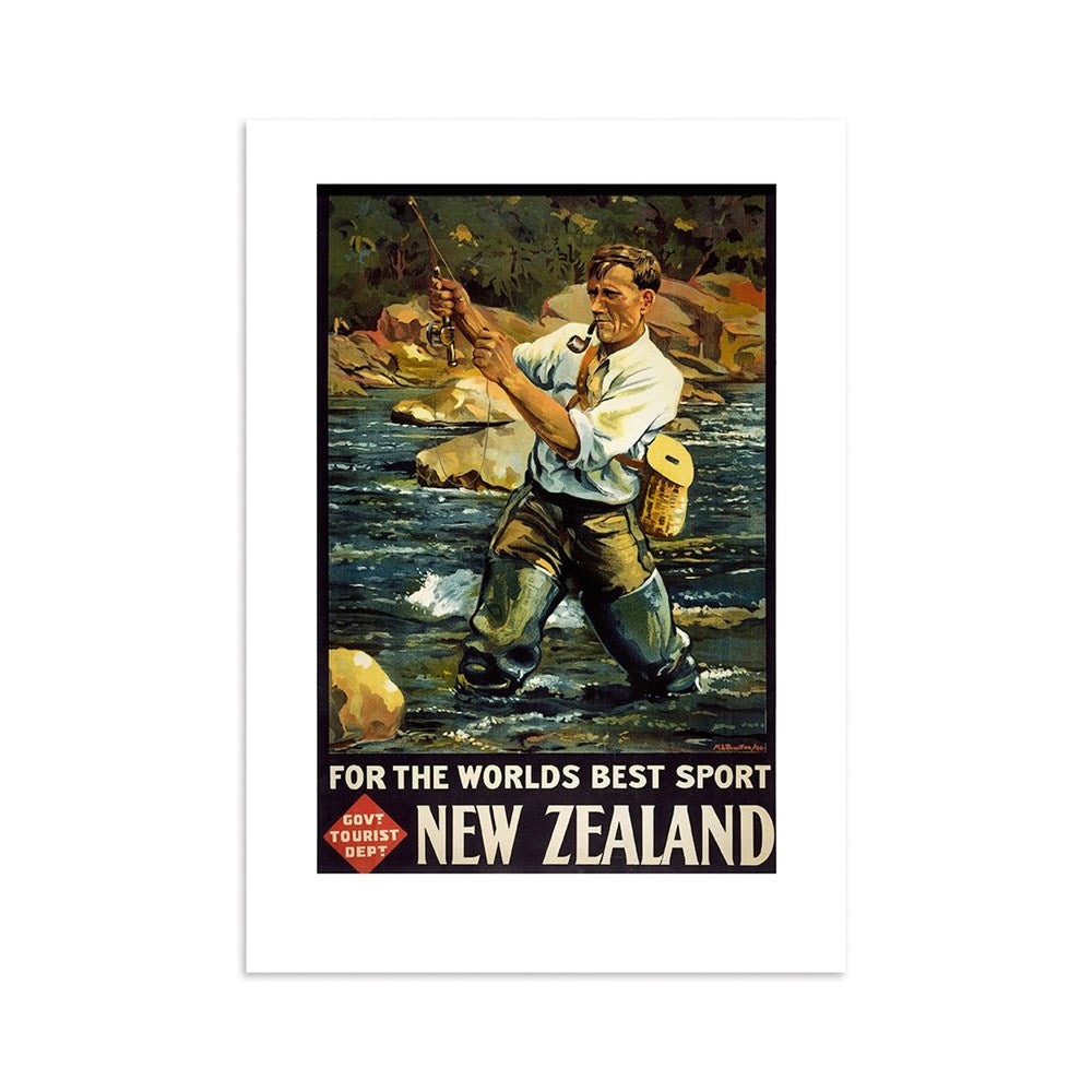The Worlds Best Sport Tourist Print is a vintage-style collectible poster of a man fly fishing in a rocky river, featuring FOR THE WORLD’S BEST SPORT and NEW ZEALAND text, plus a Govt Tourists Dept logo. Archival print quality ensures it lasts.