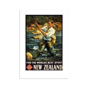 The Worlds Best Sport Tourist Print is a vintage-style collectible poster of a man fly fishing in a rocky river, featuring FOR THE WORLD’S BEST SPORT and NEW ZEALAND text, plus a Govt Tourists Dept logo. Archival print quality ensures it lasts.