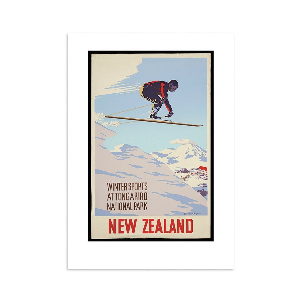 The Tongariro National Park Tourist Print is a vintage-style poster featuring a skier mid-air above snowy mountains, with Winter Sports at Tongariro National Park, New Zealand text and a white archival-style border.