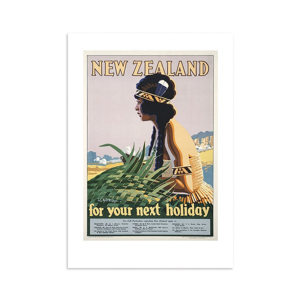 The NZ Holiday Tourist Print features a woman in traditional Māori attire holding woven flax, set against a scenic backdrop with “New Zealand for your next holiday” at the bottom—a vintage collectable perfect for poster enthusiasts.