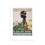 The NZ Holiday Tourist Print features a woman in traditional Māori attire holding woven flax, set against a scenic backdrop with “New Zealand for your next holiday” at the bottom—a vintage collectable perfect for poster enthusiasts.