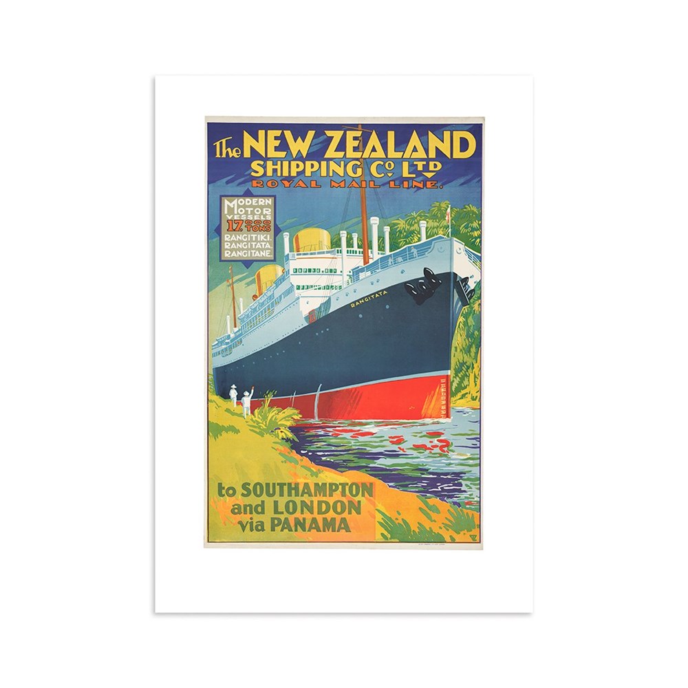 The Shipping Co Ltd Tourist Print features a striking art deco poster of a passenger ship near the shore, promoting New Zealand routes to Southampton and London via Panama—perfect for collectors and New Zealand fans.
