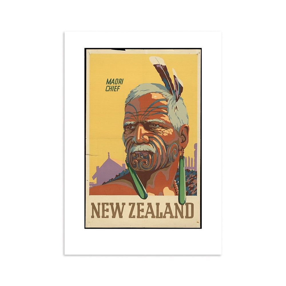 The Maori Chief Tourist Print is a vintage-style illustration of a Māori chief with facial moko and feathered hair on a yellow background, labeled MAORI CHIEF and NEW ZEALAND—ideal for fans of New Zealand heritage.