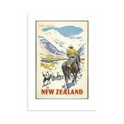 The Sheep Droving Tourist Print is a vintage-style art piece featuring a rider and dog herding sheep before snowy mountains, with the text Sheep Droving in New Zealand—ideal for collectors of unique posters.