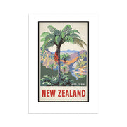 Tree Fern Tourist Print: A vintage-style collectible poster with a tree fern, mountains, and river scene, plus bold red NEW ZEALAND text—an archival print ideal for New Zealand enthusiasts.