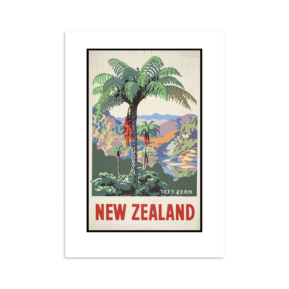 Tree Fern Tourist Print: A vintage-style collectible poster with a tree fern, mountains, and river scene, plus bold red NEW ZEALAND text—an archival print ideal for New Zealand enthusiasts.