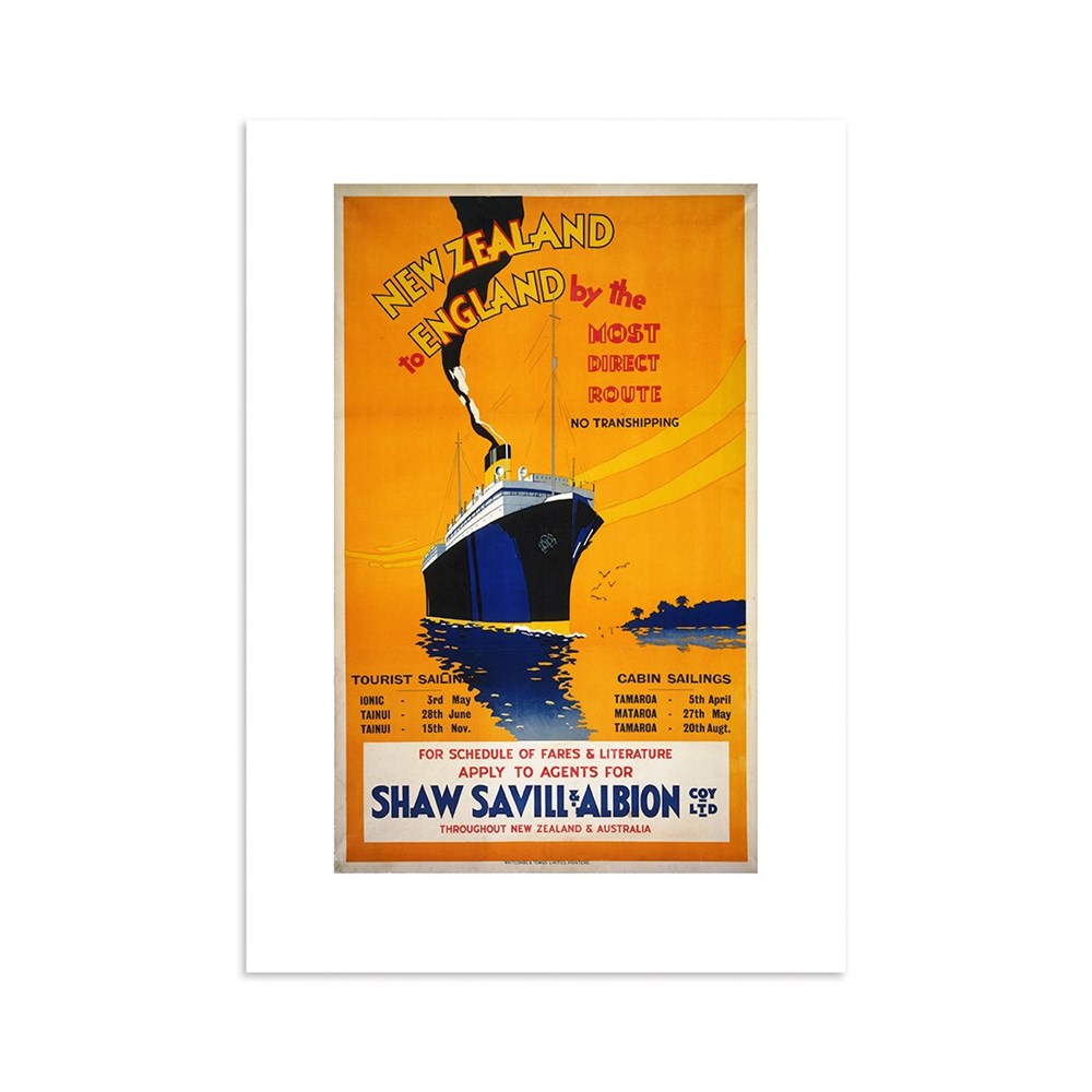 The New Zealand to England Tourist Print features a vintage ship on a bold yellow background with route details and the Shaw Savill & Albion name, ideal for collectors or as an archival print.